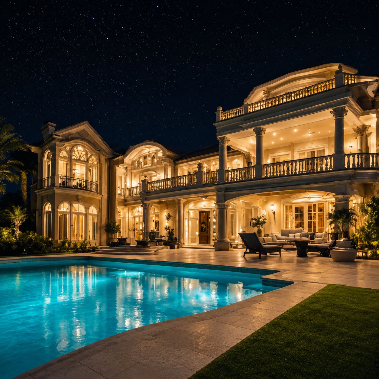 A luxury mansion with an illuminated pool at night.