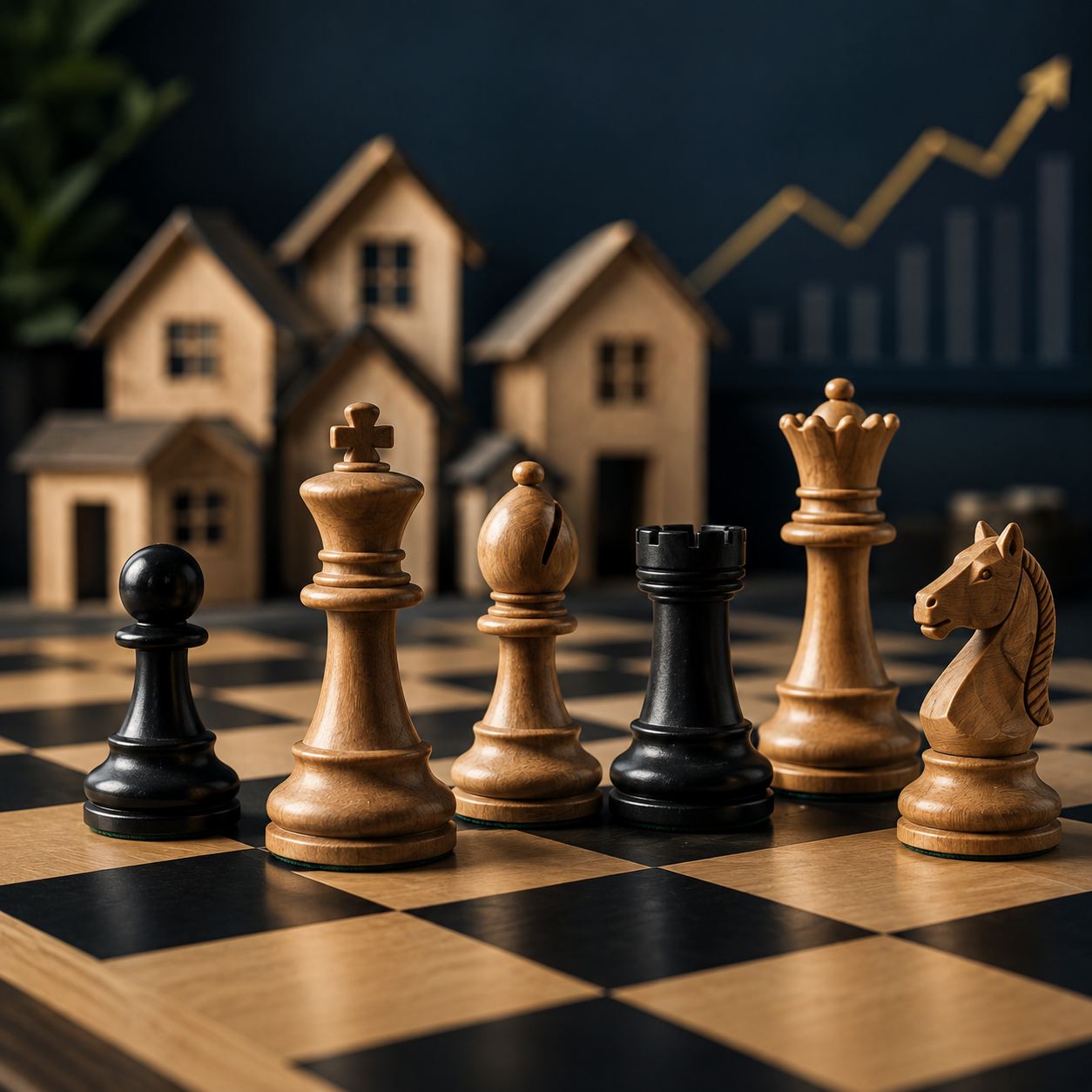 Wooden house figures and chess pieces, symbolizing strategy.
