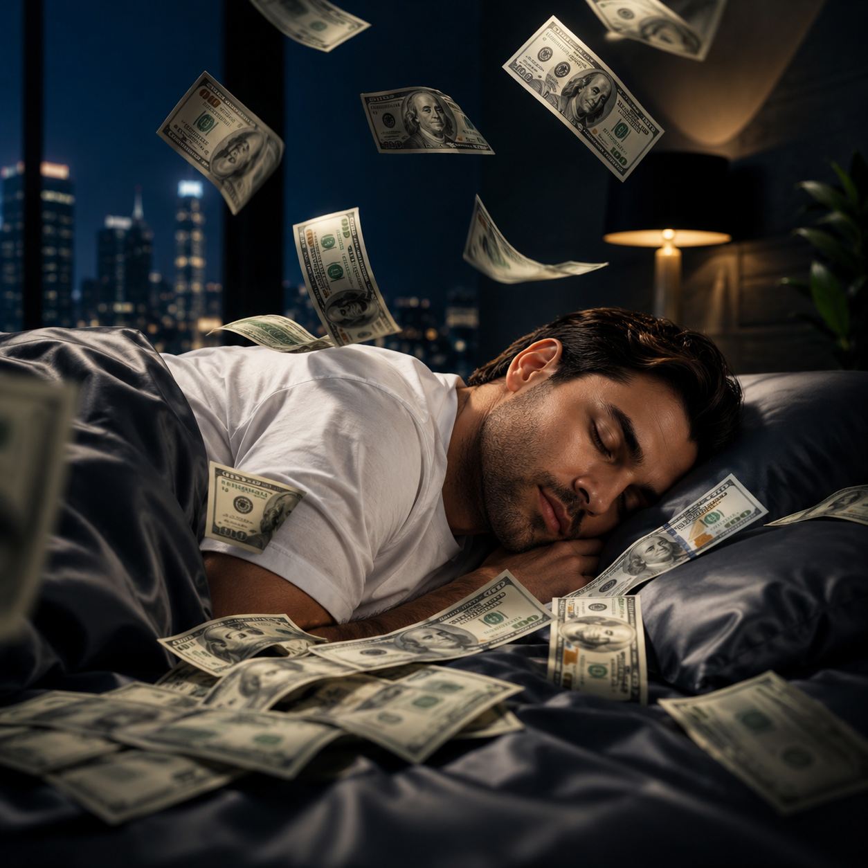 Money flowing while you sleep, representing passive income.