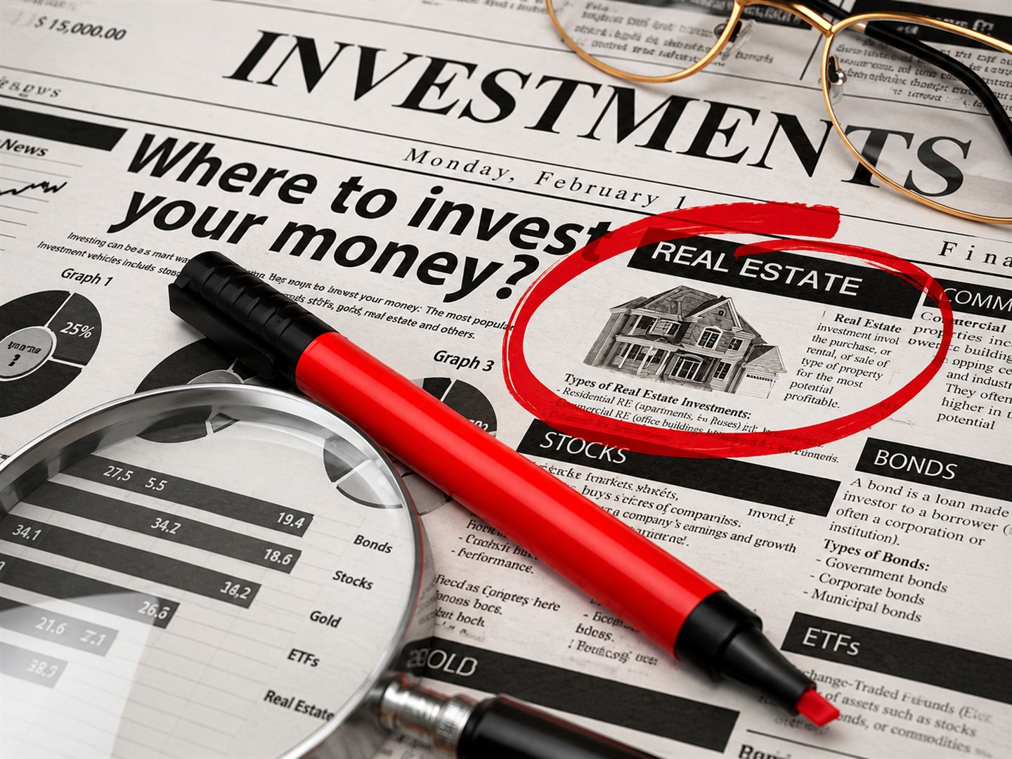The words Real Estate highlighted in a newspaper listings page.