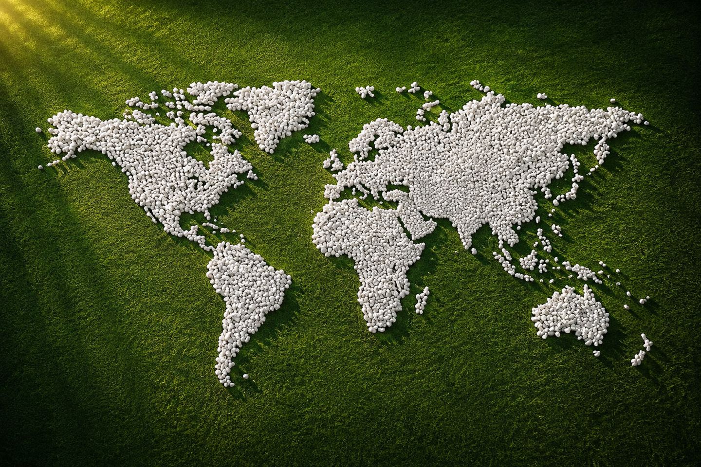 A world map over a grassy background, symbolizing global investment.