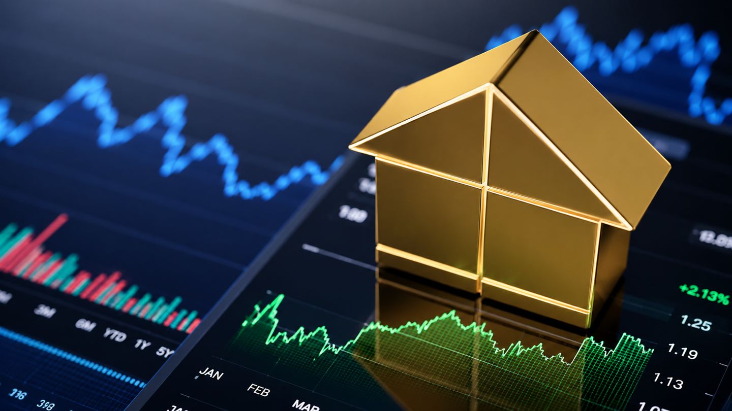 A miniature house on a rising market graph.