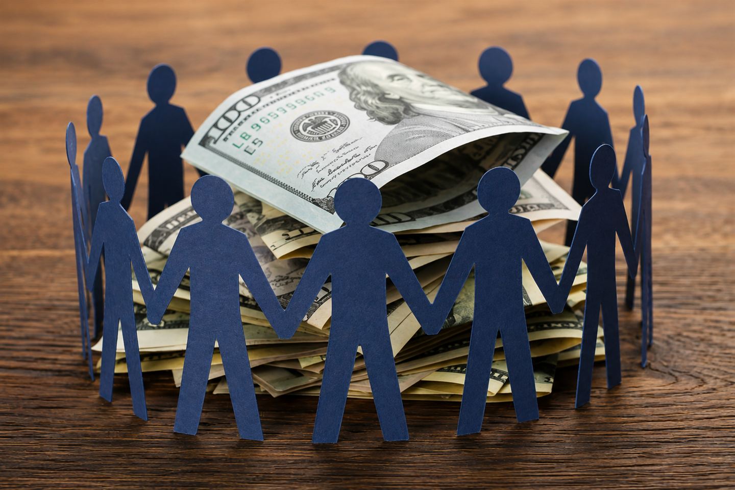 Paper figures gathered around stacked coins, illustrating investors pooling their capital into a single real estate deal.